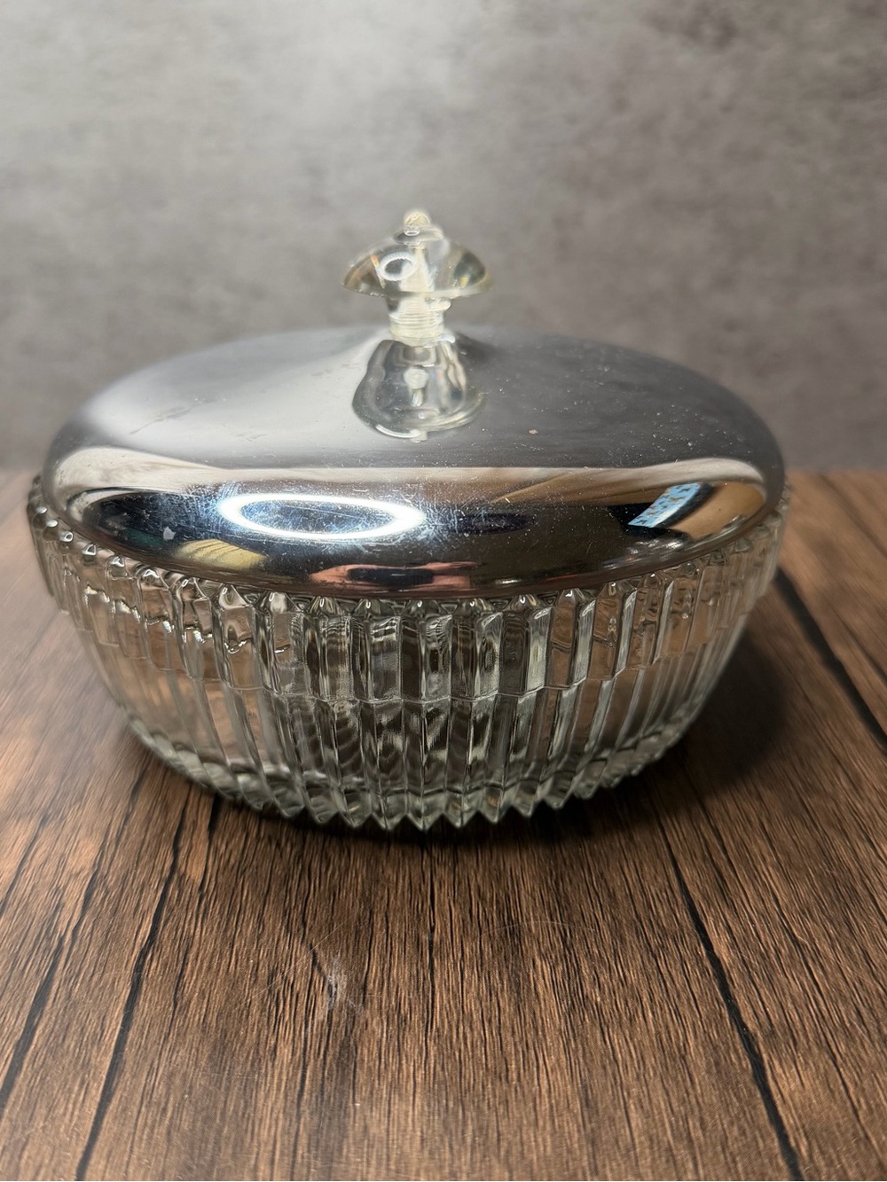 Vintage Mid-Century Ribbed Glass Vanity Trinket Dish with Chrome Lid